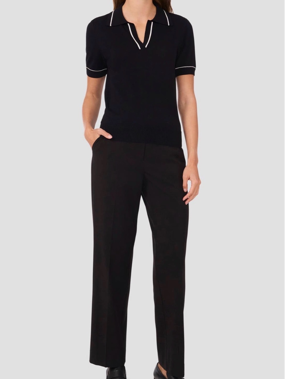 Halogen Johnny Tipped Black Knit Polo Top with White Trim - Picture 6 of 8
